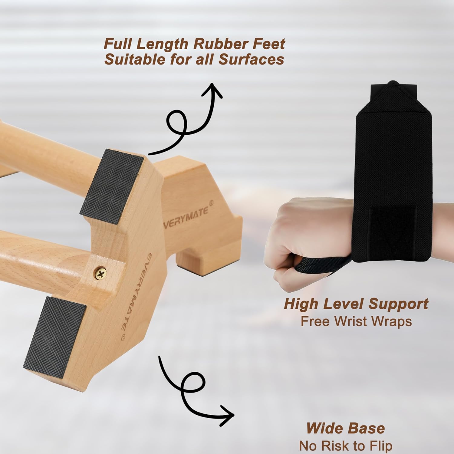 EVERYMATE Calisthenics Wood Parallettes Bars, Wood Push Up Bars Calisthenics Equipment for Home, Push Up Handles for Floor, Handstand Push Up Handles, Wrist Wraps Included